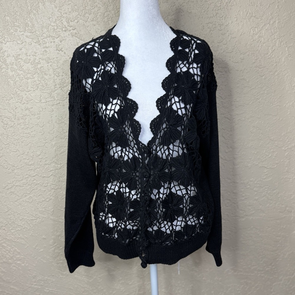 VTG 90s Black Crochet Cardigan Womens Size PL Open Knit Whimsigoth Boho Cottage